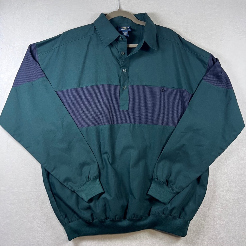 Vintage Salmon River Traders Mens XLT Green Navy Waffle Knit Panel Polo Pullover